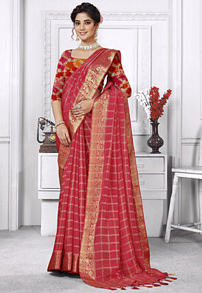 Woven Art Silk Saree in Coral Pink