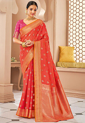 Woven Art Silk Saree in Coral Red