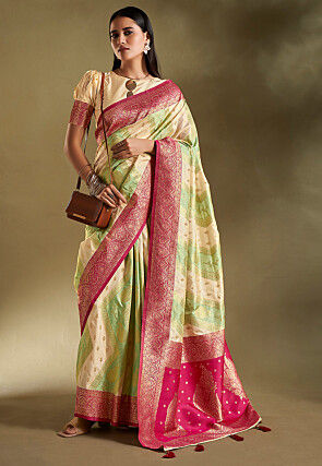 Woven Art Silk Saree in Cream and Light Green
