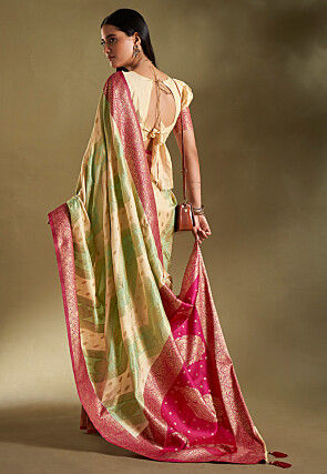 Woven Art Silk Saree in Cream and Light Green