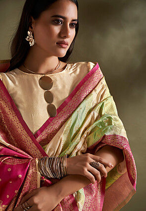 Woven Art Silk Saree in Cream and Light Green