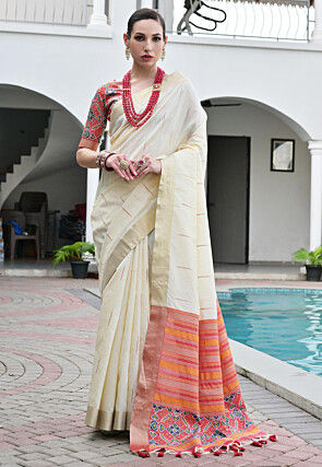 Patola Printed Art Silk Saree in Cream