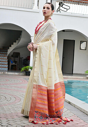 Patola Printed Art Silk Saree in Cream