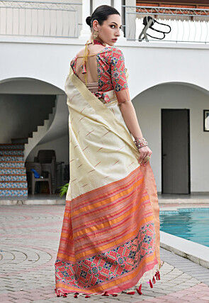 Patola Printed Art Silk Saree in Cream