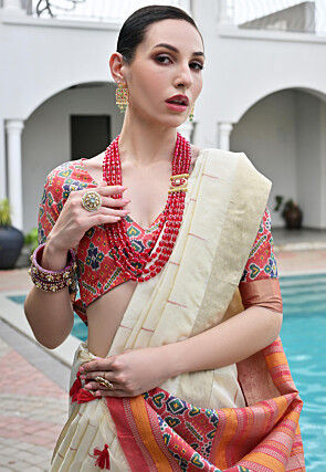 Patola Printed Art Silk Saree in Cream