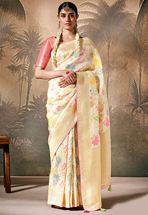 Woven Art Silk Saree in Cream