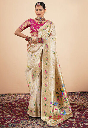 Woven Art Silk Saree in Cream