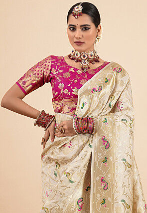 Woven Art Silk Saree in Cream