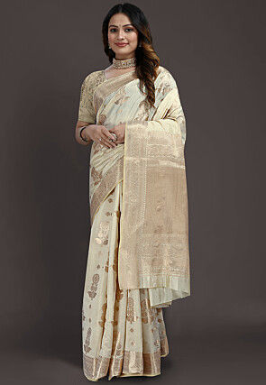 Woven Art Silk Saree in Cream