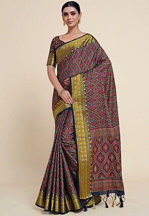 Woven Bangalore Silk Saree in Dark Blue and Red