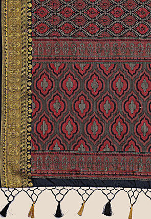 Woven Bangalore Silk Saree in Dark Blue and Red