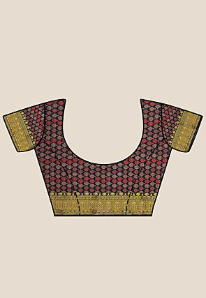 Woven Bangalore Silk Saree in Dark Blue and Red