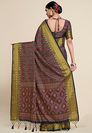 Woven Bangalore Silk Saree in Dark Blue and Red