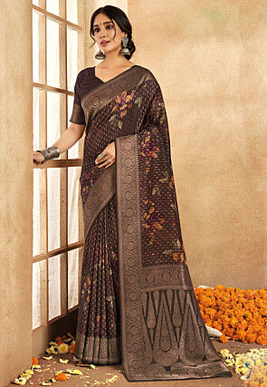 Woven Art Silk Saree in Dark Brown