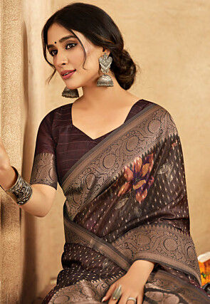 Woven Art Silk Saree in Dark Brown