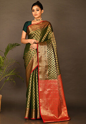 Woven Art Silk Saree in Dark Green