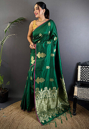 Woven Art Silk Saree in Dark Green