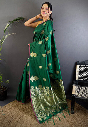 Woven Art Silk Saree in Dark Green