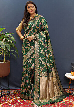 Woven Art Silk Saree in Dark Green