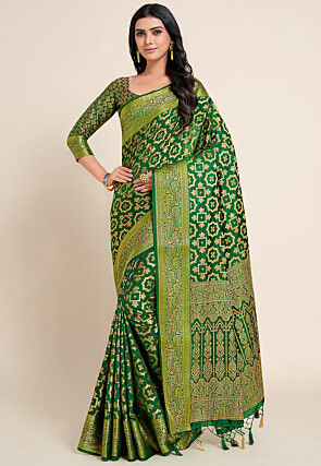 Woven Bangalore Silk Saree in Dark Green