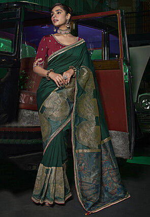 Woven Art Silk Saree in Dark Green
