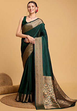 Woven Art Silk Saree in Dark Green