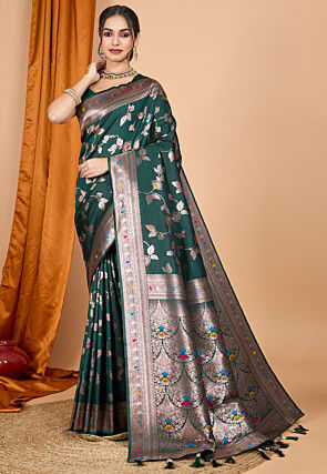 Woven Art Silk Saree in Dark Green