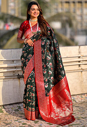 Woven Art Silk Saree in Dark Green