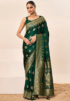 Woven Art Silk Saree in Dark Green