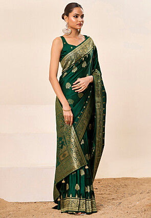 Woven Art Silk Saree in Dark Green