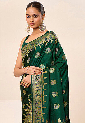 Woven Art Silk Saree in Dark Green