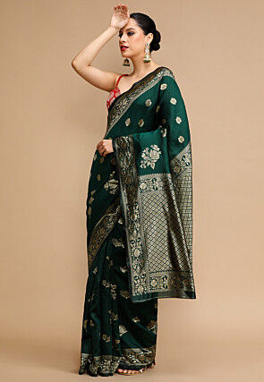 Woven Art Silk Saree in Dark Green