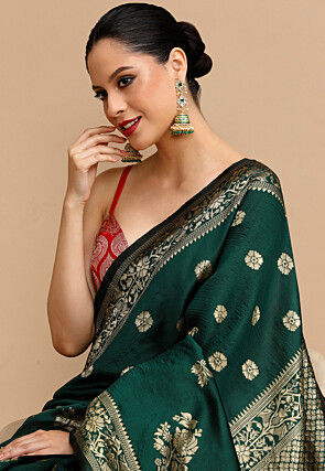 Woven Art Silk Saree in Dark Green