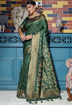 Woven Art Silk Saree in Dark Green