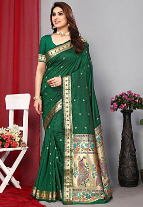 woven art silk saree in dark green v1 spfa13465