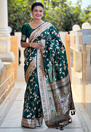 Woven Art Silk Saree in Dark Green