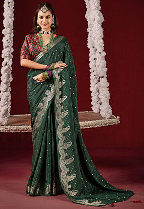 Woven Art Silk Saree in Dark Green