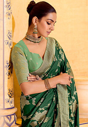 Woven Art Silk Saree in Dark Green