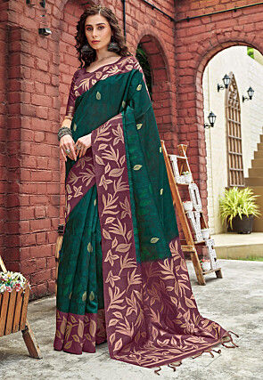 Woven Art Silk Saree in Dark Green