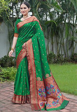 Woven Art Silk Saree in Dark Green