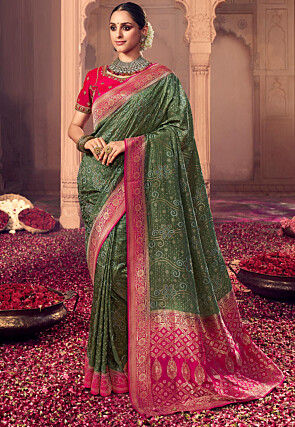 Woven Art Silk Saree in Dark Green