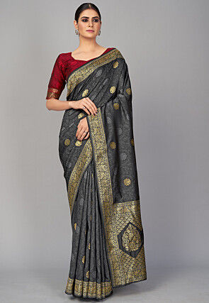 Woven Art Silk Saree in Dark Grey