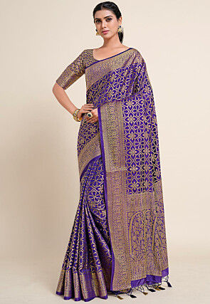 woven art silk saree in dark indigo blue v1 snga4194