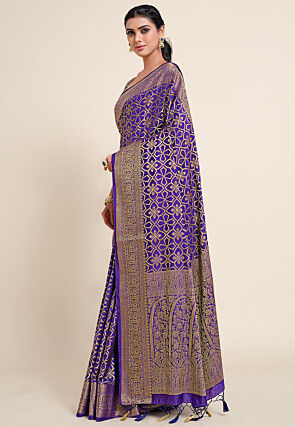 Woven Bangalore Silk Saree in Dark Indigo Blue