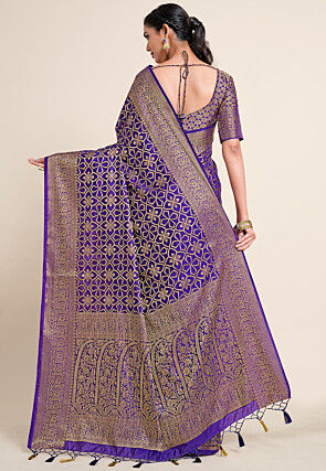 Woven Bangalore Silk Saree in Dark Indigo Blue