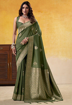 Woven Art Silk Saree in Dark Olive Green