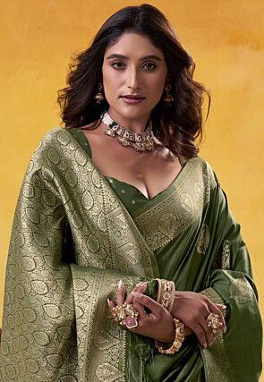 Woven Art Silk Saree in Dark Olive Green