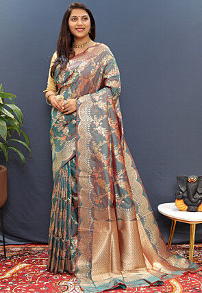 Woven Art Silk Saree in Dusty Blue