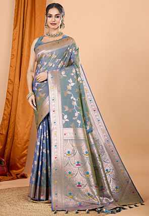 Woven Art Silk Saree in Dusty Blue