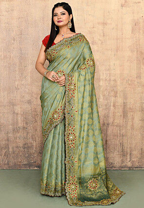 Woven Art Silk Saree in Dusty Green
